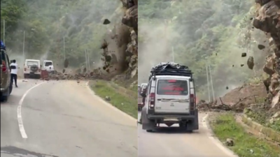 Watch: Commuters flee as rocks fall in Arunachal; border route blocked by landslide