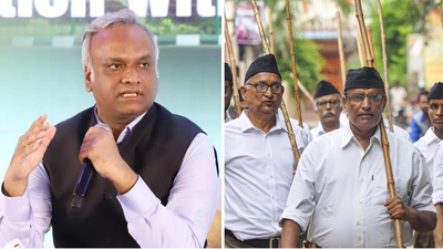 Priyank Kharge (PTI image) and RSS troop (ANI image) ‘Calls filled with threats…’: Priyank Kharge receives abuse over RSS remarks; urges govt to eliminate 'dangerous virus'