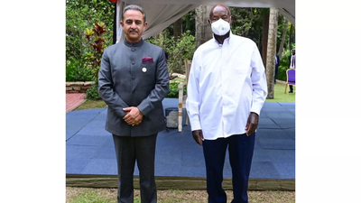 Mos MEA Kirti Vardhan Singh meets Uganda President Museveni, conveys PM Modi's greetings (Image credits: ANI) Mos MEA Kirti Vardhan Singh meets Uganda President Museveni, conveys PM Modi's greetings