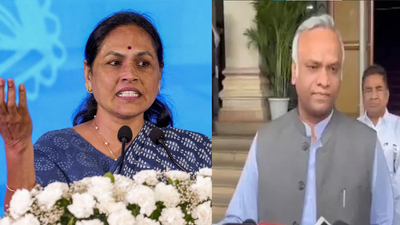 Shobha Karandlaje (left), Priyank Kharge (agencies) 'Will he put us in jail?' BJP slams Priyank Kharge for RSS remarks; dares him to take action