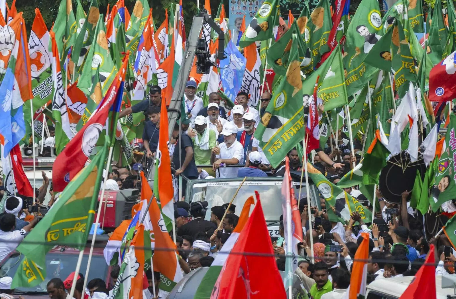 LoP in the Lok Sabha and Congress leader Rahul Gandhi, LoP in the Bihar Assembly and RJD leader Tejashwi Yadav, and others during a march marking culmination of 'Vote Adhikar Yatra', in Patna. (PTI Photo)
